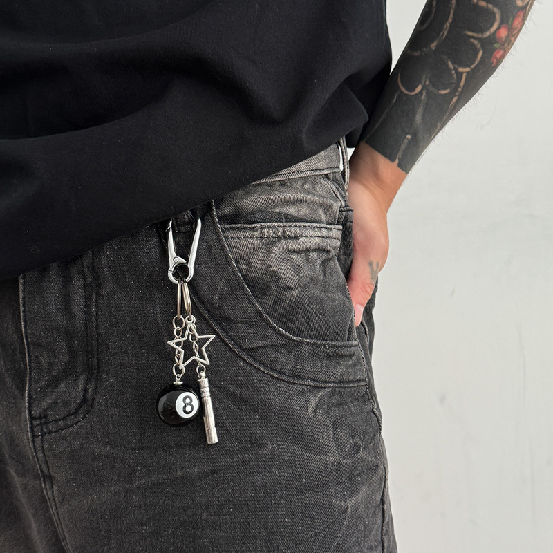 European and American Five-Pointed Star Black 8 Billiards Keychain Hip-Hop Whistle Pendant Cross-Border Hot-Selling Cross-Border Men's Backpack Pendant
