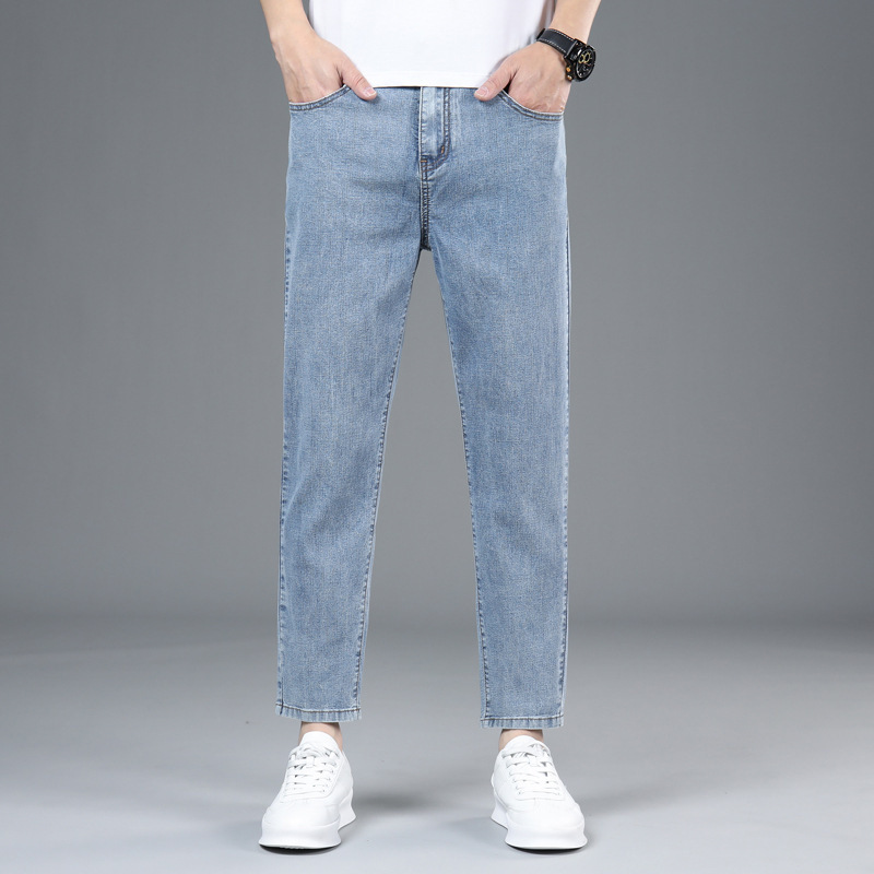Summer New Style Cropped Straight-Leg Jeans for Men Versatile Stretchy Simple Trendy Casual Light Business 9/10 Length Pants