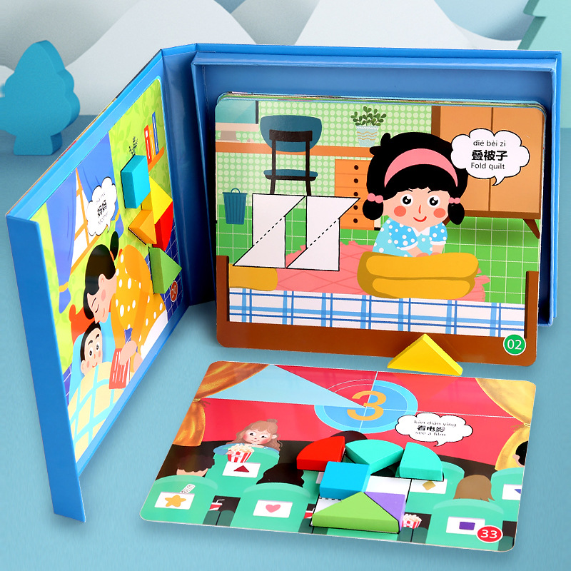 Educación temprana para niños pequeños desarrollo de pensamiento lógico mágico magnético de madera en forma de corazón siete puzzles de juguetes al por mayor