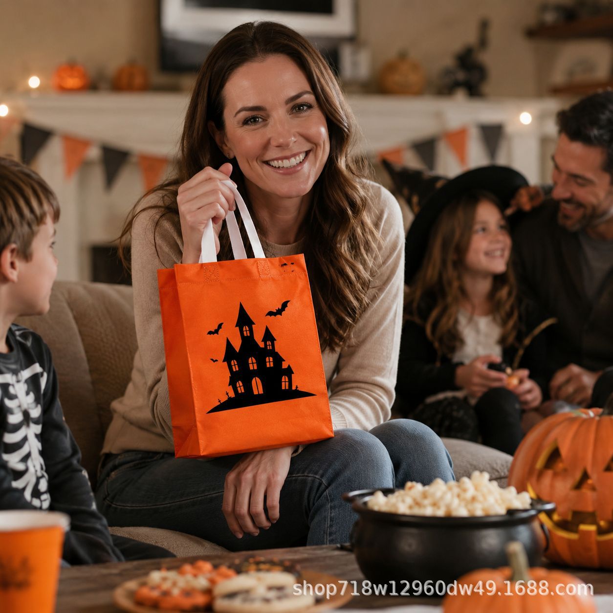 Bolsas de regalo de Halloween al por mayor ecológicas no tejidas bolsas de compras impresas fantasmas naranjas bolsas de azúcar para niños