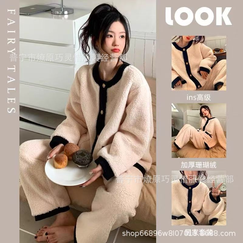 Girl's High-End Chanel-Style Coral Fleece Pajamas, Thickened and Fleece-Lined Winter Loungewear, Plus-Size Set That Can Be Worn Outside Girl's High-End Chanel-Style Coral Fleece Pajamas, Thickened and Fleece-Lined Winter Loungewear, Plus-Size Set That Can Be Worn Outside