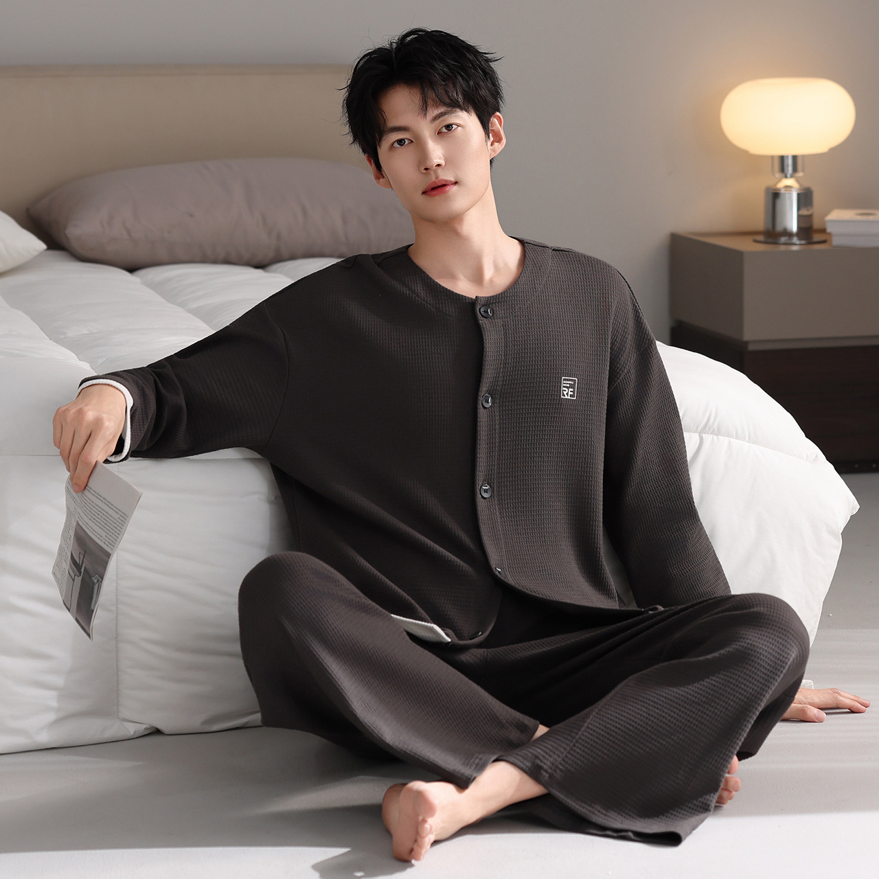 Pajamas for Men, Spring & Fall Long-Sleeved Pants, Pure Cotton Waffle Suit, Casual Round Neck Cardigan, Can Be Worn as Home Clothes When Going Out