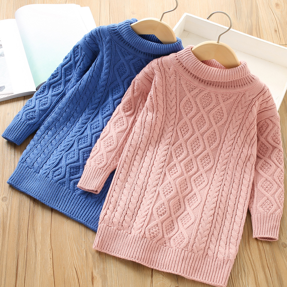 Girls' Sweater 2022 Autumn/Winter New Western Korean Edition Simple Half Neck Knitted Pullover Mid length Bottom Woolen_voghion.com