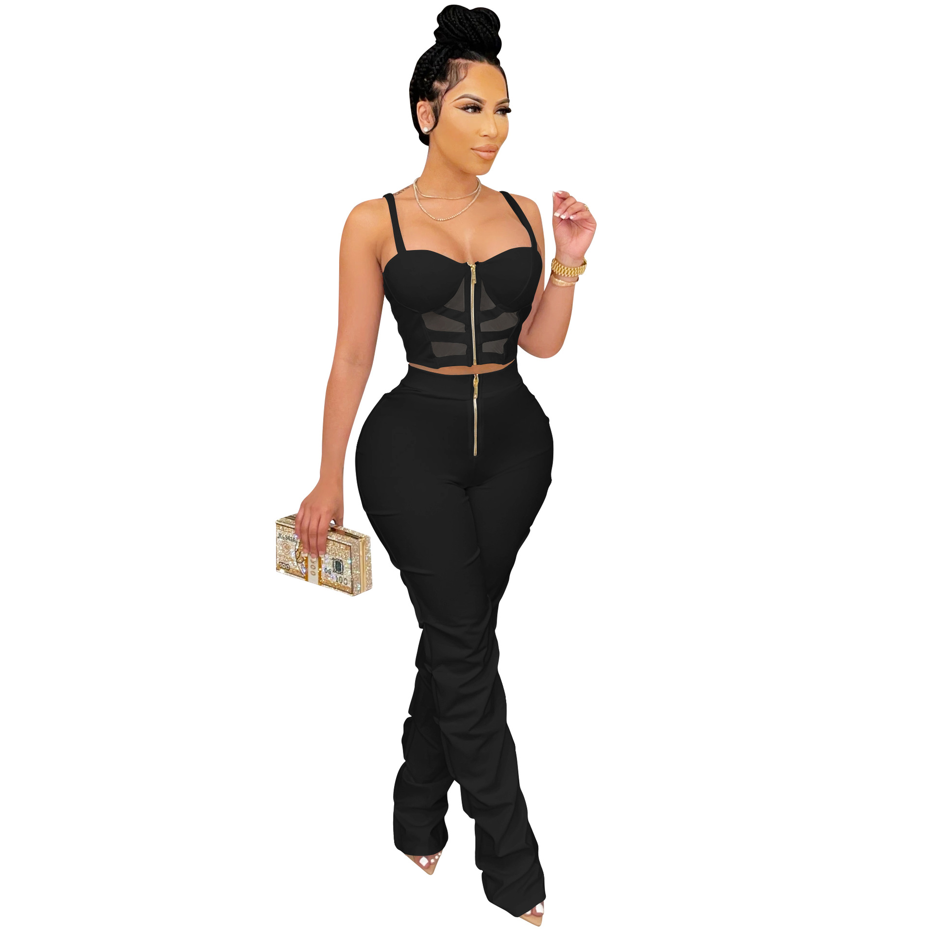 X5215 AliExpress Amazon Ebay color sólido sexy camisola de las mujeres envuelto pecho cremallera chaleco pantalones de dos piezas conjunto