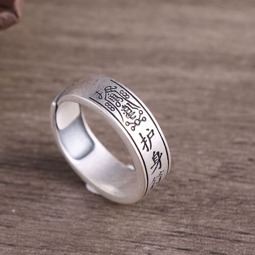 Amulet pattern sterling silver ring pure silver 999 open wide face men and women Taoist peace rune ring wholesale