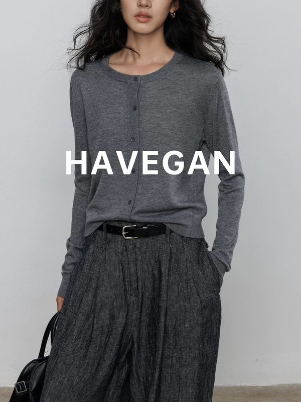 与间HAVEGAN/秋季圆领长袖针织开衫女薄款外穿宽松慵懒老钱风上衣|undefined