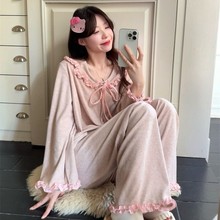 韩国ins 少女韩系拼接格子翻领毛巾绒舒适保暖可爱家居服睡衣