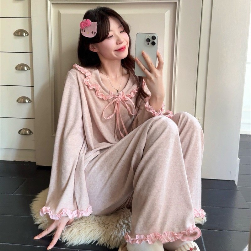 韩国ins 少女韩系拼接格子翻领毛巾绒舒适保暖可爱家居服睡衣