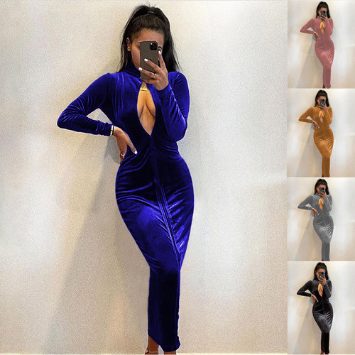 Wish 2024 European and American Fashion Women's Autumn New Elegant Evening Gown Dress Slim-Fit Sexy Hollow-Out Long Dress