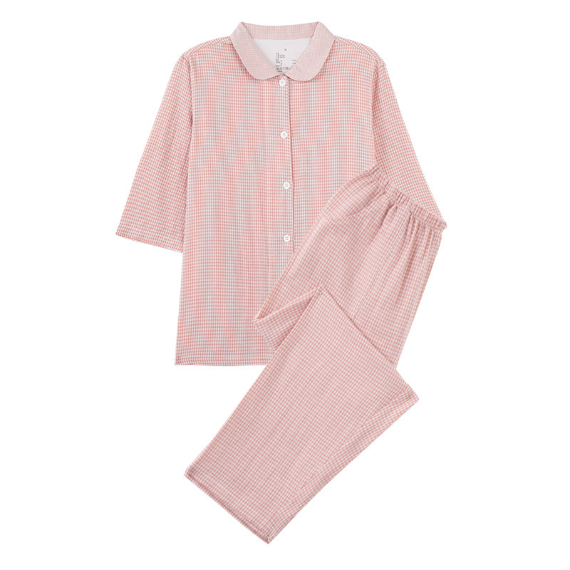 日文无印全棉双层纱家居服良品七分袖细格纹睡衣女士家居服套装|undefined