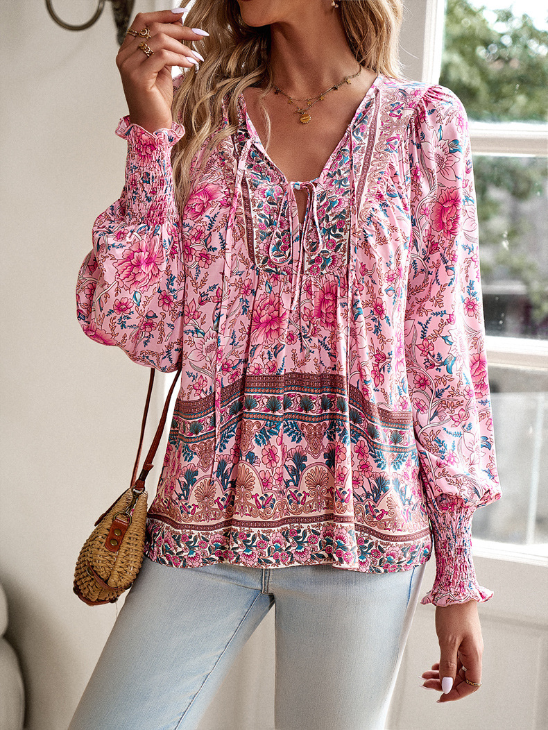 Elegante Florale Damenbluse Mit Bindedetail Und V-ausschnitt_voghion.com