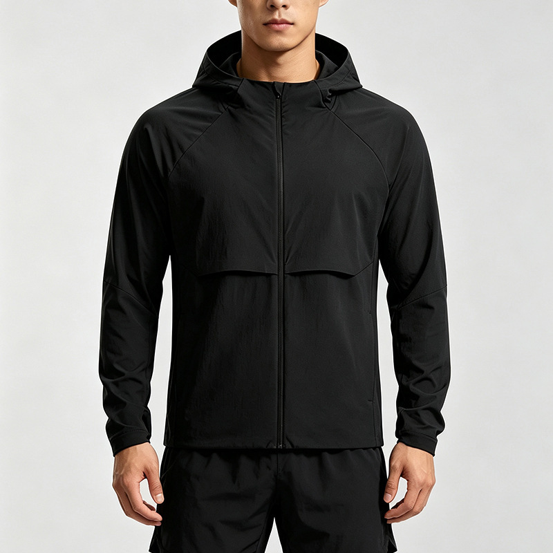 Men's Hooded Running Jacket Stretch Windproof Spring Autumn Thin Outdoor Hiking Sports Coat Fitness Training Windbreaker