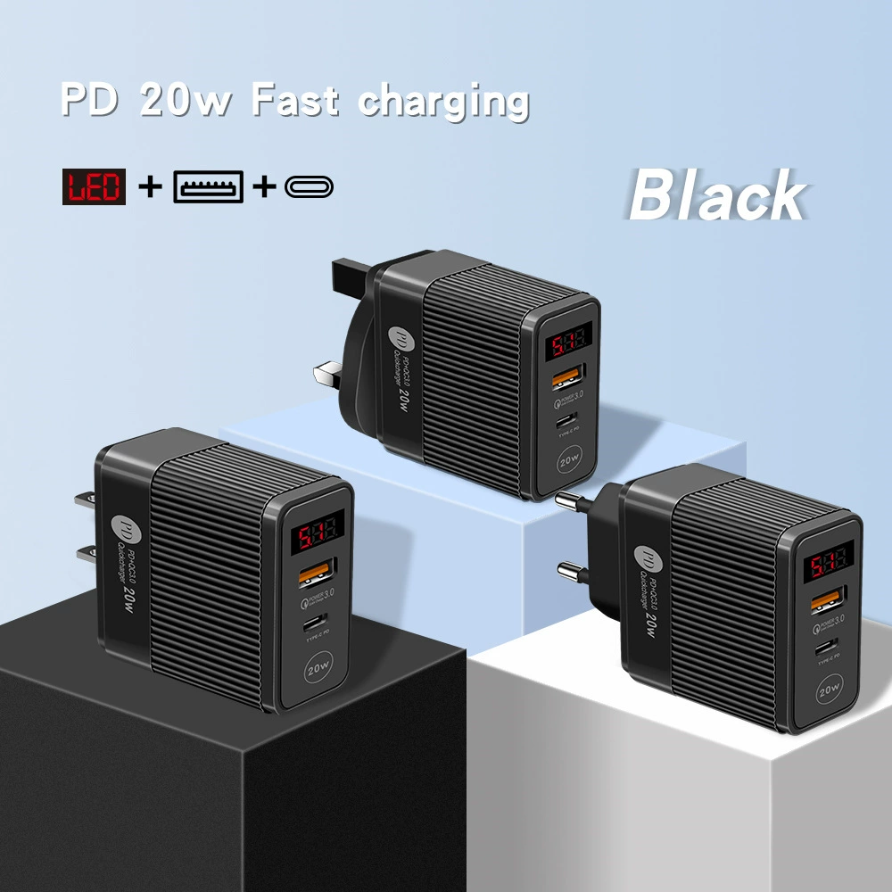 Двухпортовая 20W быстрая зарядка с розеткой QC3.0+PD, европейская и американская/британская вилка, Type-C адаптер питания