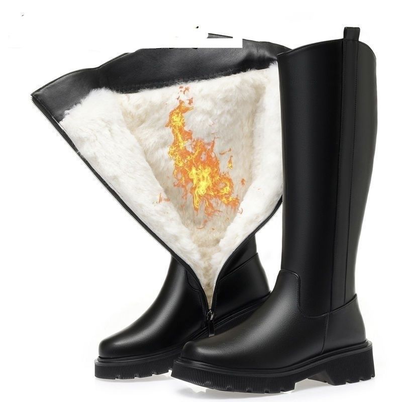 New Winter Style Fleece-Lined High-Top Leather Boots for Everyday Home Use, High-End Riding Boots for Men and Women, Unisex