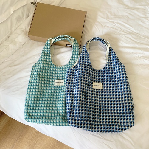 28161 Korean style refreshing lake blue vest bag fashionable plaid woven portable shoulder bag student class bag