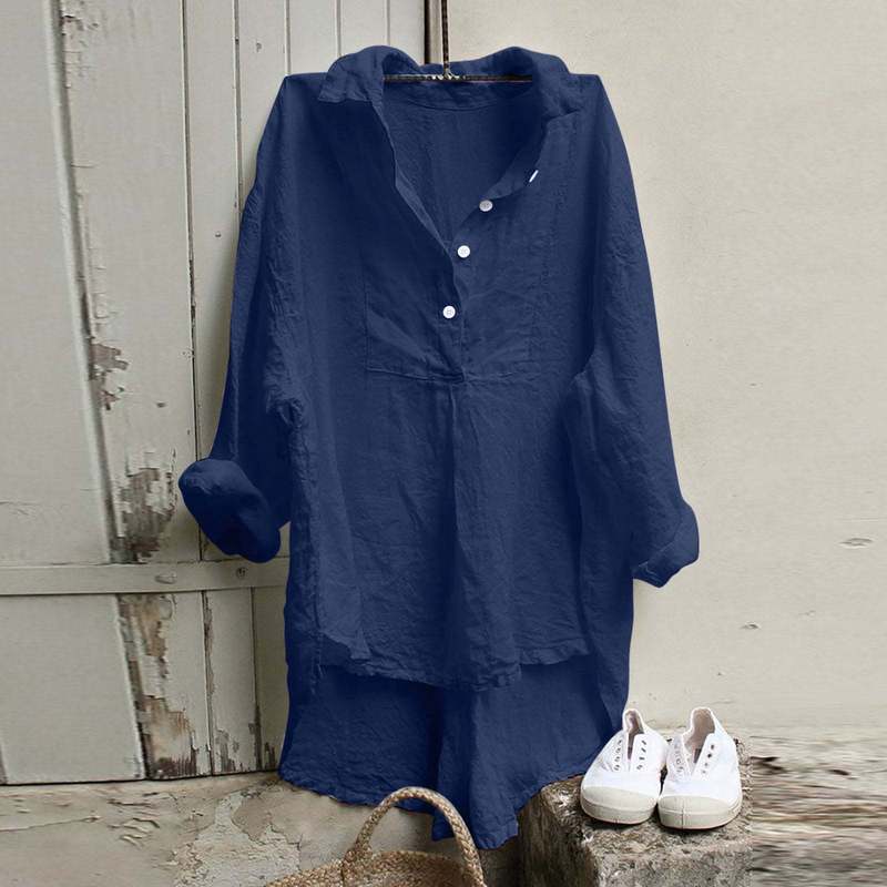 Amazon Spring New Lapel Long-Sleeved Shirt Plus Size Women's Retro Pure Color Casual T-Shirt Shirt