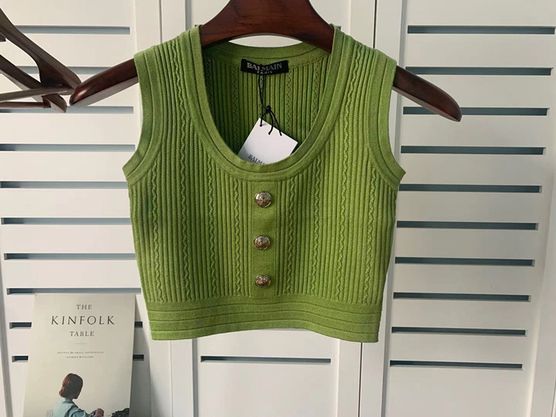 2024 Spring and Summer New Balmain Cotton Suspender Navel Vest Balmain Silver Buckle Sleeveless Knitted T-Shirt for Women