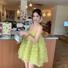 子夏季网纱裙法式海边蓬蓬吊带蛋糕连衣裙甜美公主度假超仙短裙
