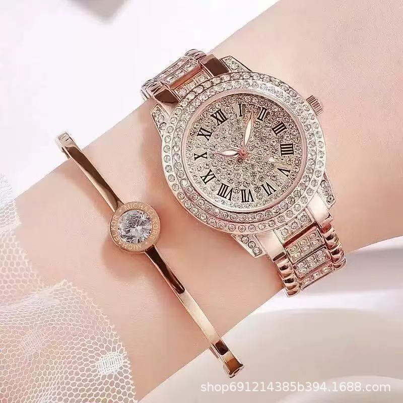 Full-Body Rhinestone Watch for Women, Starry Sky Steel Chain Watch, Fashionable and Elegant Small Dial Watch for Women with Diamond-Encrusted Cornucopia Design