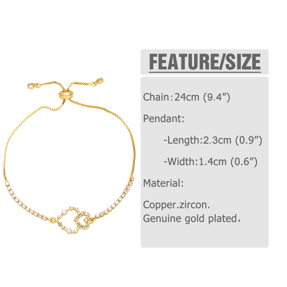 Fashion Heart Shape Copper Inlay Artificial Pearls Zircon Bracelets 1 Piece