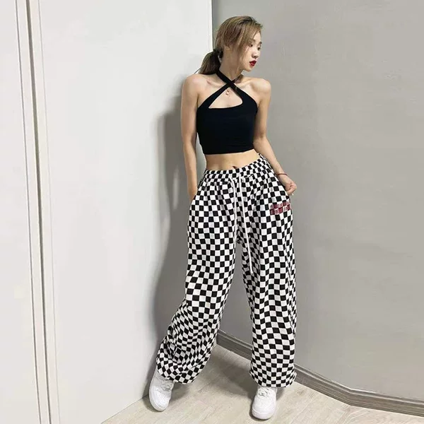 High-Waisted Loose Drapey Sports Pants for Women, Checkered Casual Pants for Women, New Summer Style Loose Retro Jogger Pants for Women