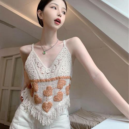 Ethnic Style Knitted Hollowed-out Suspender Top Women's Design Sense Tassel V-Neck Retro Outerwear Shortlet