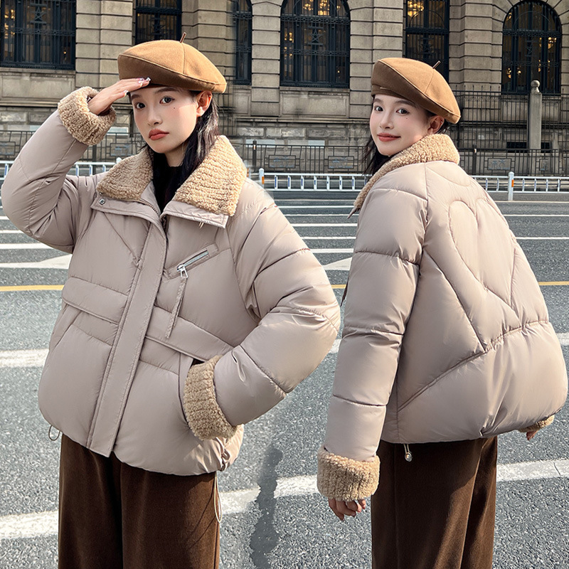Cordero gran solapa extranjera ropa de algodón plumón ropa de invierno de mujer nueva chaqueta de algodón corta suelta de tamaño grande grueso abrigo