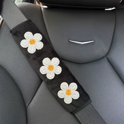 Seat belt shoulder pad Cover Flower Car Soft - black-short-plush-with-white-floral-design-one-size-fits-all