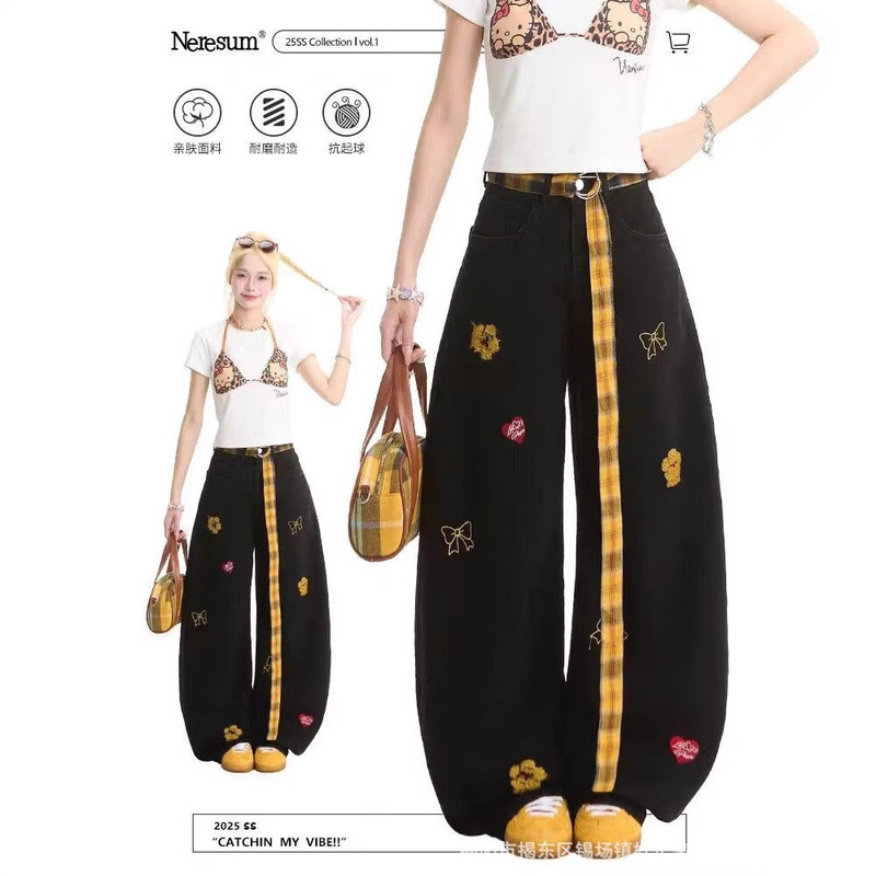 Designed Star Patch Silhouette Scimitar Long Pants 2025 Retro Washed Distressed Wide-Leg Jeans for Men and Women