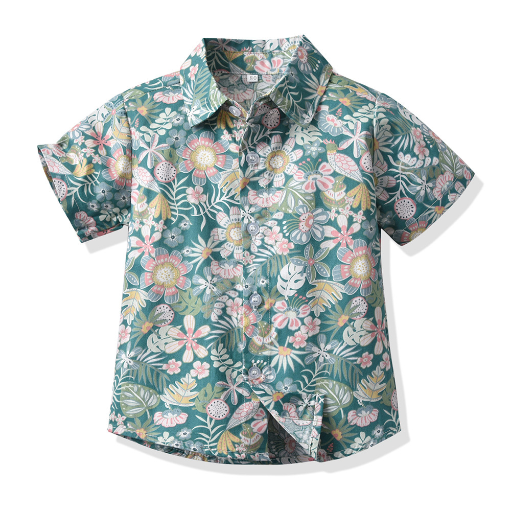 Camisas de comercio exterior para niños Cárdigan de solapa de flores de manga corta de verano 2025 para niños, tops de algodón casuales de todo fósforo, nueva ropa