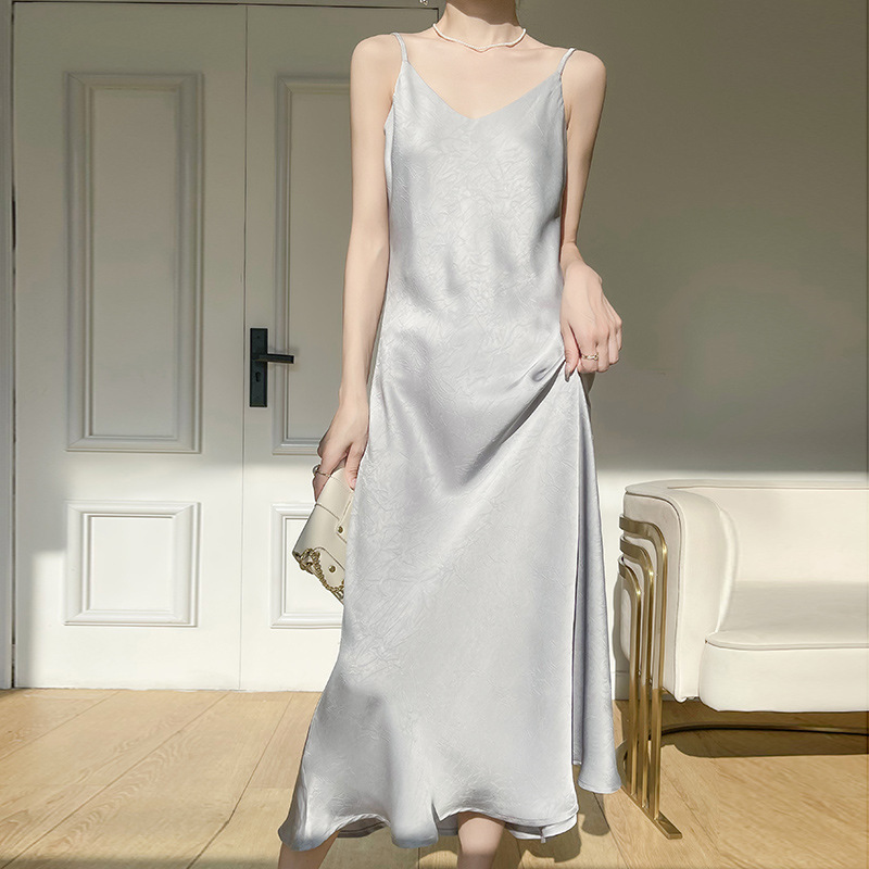 Silk Satin Adjustable Suspender Summer New Women's V-Neck Mid-Length Over-The-Knee Elegant Sleeveless Dress Silk Satin Adjustable Suspender Summer New Women's V-Neck Mid-Length Over-The-Knee Elegant Sleeveless Dress