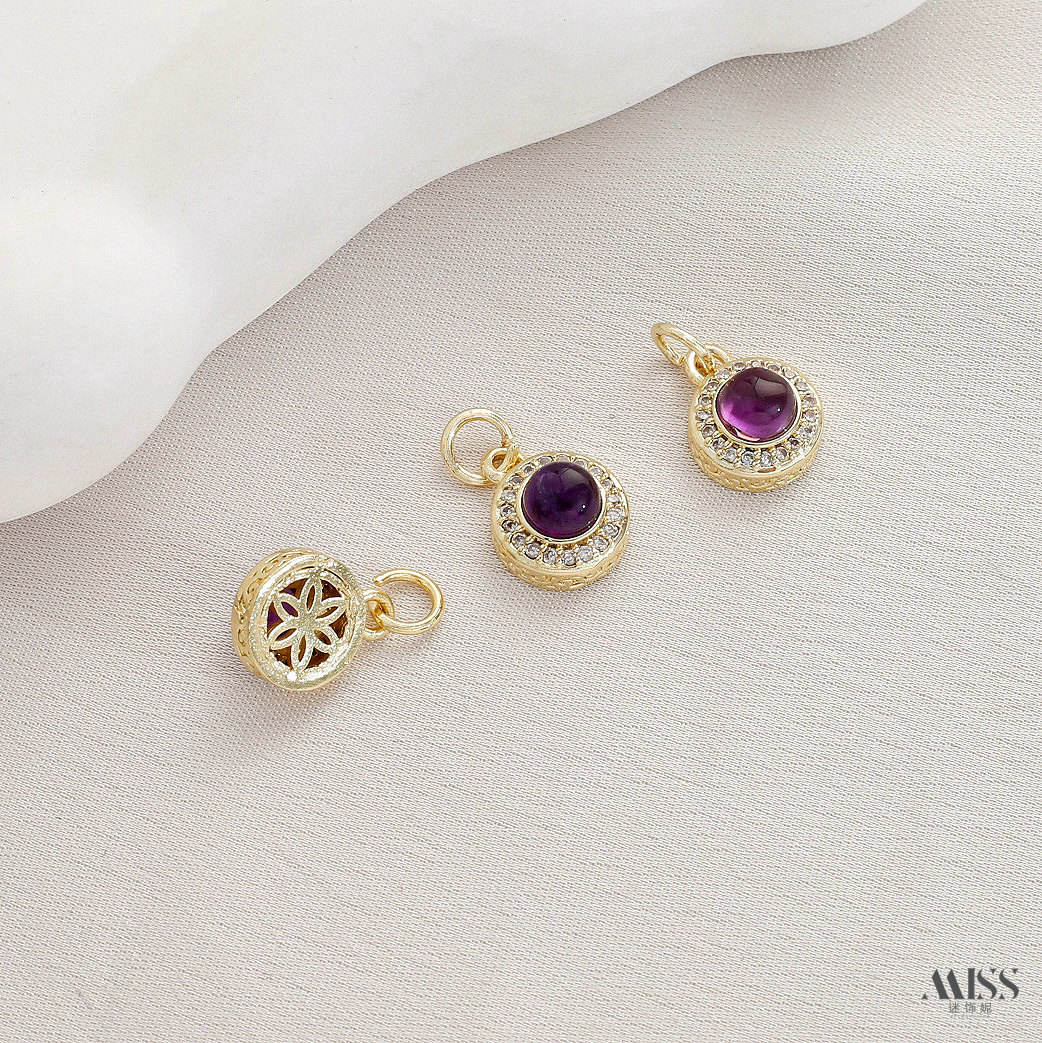 Inlaid with natural amethyst, plated with real gold and thick silver, angel and osmanthus drop-shaped decorative bead pendant DIY jewelry accessories