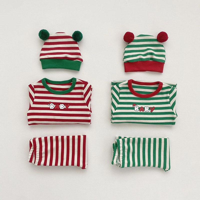 Estilo coreano Otoño e Invierno bebé recién nacido niños Navidad traje de cuatro piezas de manga larga pantalones a rayas sombrero desmontable mameluco traje de los niños