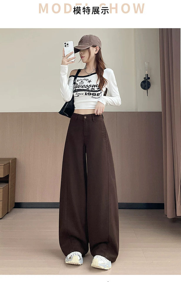 Quần jean ống rộng cạp cao màu nâu cà phê, dáng suông rộng có độ rủ, phong cách tối giản — Màu nâu đậm - Dài 9 tấc, Màu nâu đậm - Dài hơn, Màu nâu đậm - thông thường, Lót lông màu nâu đậm - Dài 9 tấc chi tiết 11