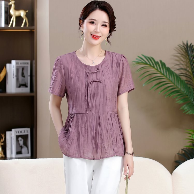 Dropshipping Mom's Clothing New Chinese Style Buttoned Waist-Cinching T-Shirt for Women, Loose Fit, Slimming, Elegant, Versatile Short-Sleeve Top for Women