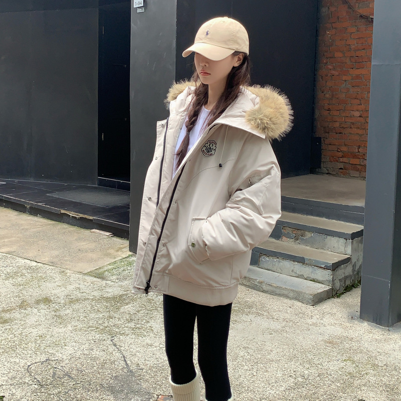 韩版毛领工装棉服女短款2025冬季新款宽松女白尖毛领面包服外套|undefined