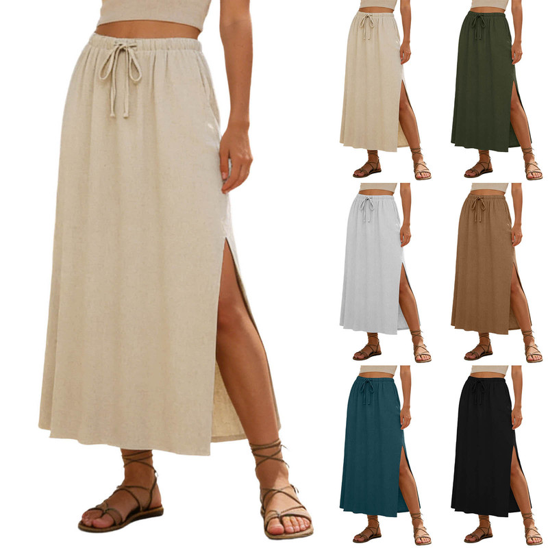 European and American Cross-Border Wholesale 2026 Summer Drawstring Pleated Versatile Solid Color Casual Daily Slit Mid-Length Skirt European and American Cross-Border Wholesale 2026 Summer Drawstring Pleated Versatile Solid Color Casual Daily Slit Mid-Length Skirt