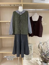 复古港风马夹学院风复古女装日系格纹女时尚三件套装