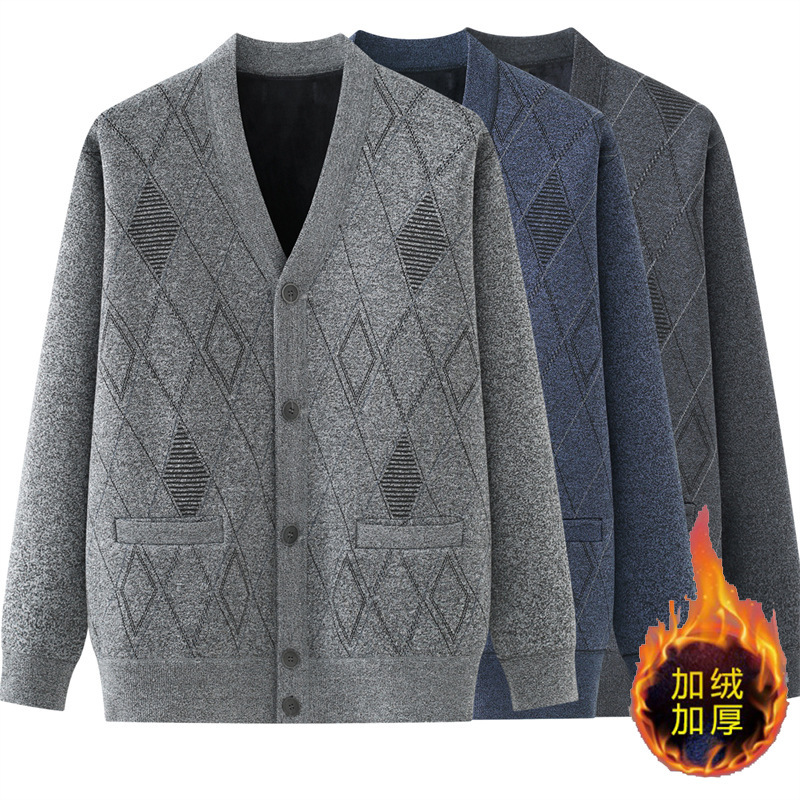 Men's V Neck Large Size Loose Cardigan Sweater Dad's Clothing Autumn and Winter Fleece-Lined Sweater Thickeneded Warm Long-Sleeved Sweater Men's V Neck Large Size Loose Cardigan Sweater Dad's Clothing Autumn and Winter Fleece-Lined Sweater Thickeneded Warm Long-Sleeved Sweater