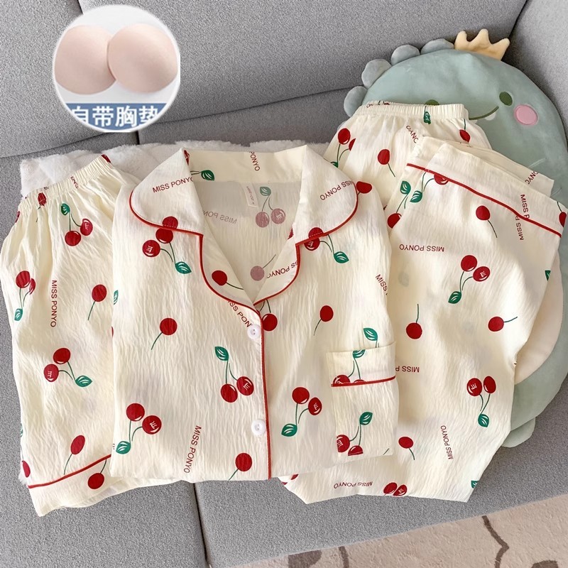 星月彩点带胸垫睡衣女款夏季云朵棉纱短袖长裤休闲家居服三件套装|undefined