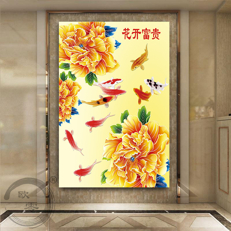九魚図装飾画招財風水客間廊下通路入戸玄関壁画ハスの花竹壁貼り掛け絵|undefined