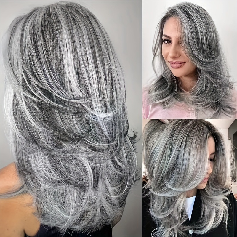 Cross-Border European And American Hot-Selling Wig With Bangs, Long Layered Gray Synthetic Hair, Rose Net Wig, Wholesale_voghion.com