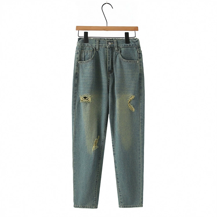 Ретро повседневные джинсы больших размеров пухлые девушки Весна для похудения универсальные с высокой талией стрейч рваные брюки папы 387