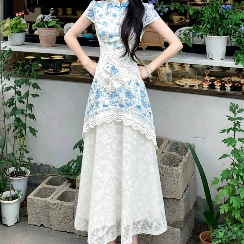 Chiffon Dress with New Chinese-Style Floral Design, Improved Qipao Dress, Beautiful and Unique Patchwork Waist-Cinching Elegant Long Dress
