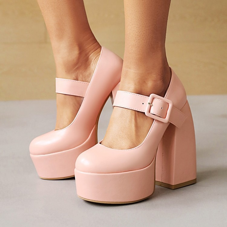 2024 새로운 로퍼 하이힐 레트로 일본식 솔리드 컬러 라운드 발가락 얕은 두꺼운 힐 버클 여성용 신발