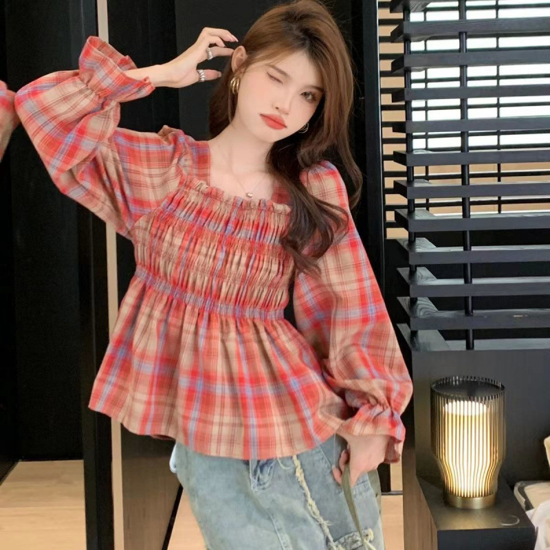 랜턴 셔츠 세련된 인기있는 아름다운 탑 짧은 셔츠 가을 디자인 센스 틈새 프랑스 거품