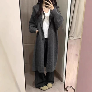 韩系女装加长款秋冬新款慵懒风连帽针织开衫宽松厚毛衣外套大衣