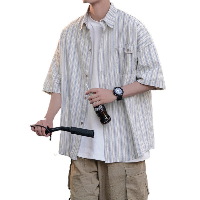 Cityboy日系ストライプ半袖シャツ男性ファッション少年感着着半袖シャツジャケット式夏|undefined