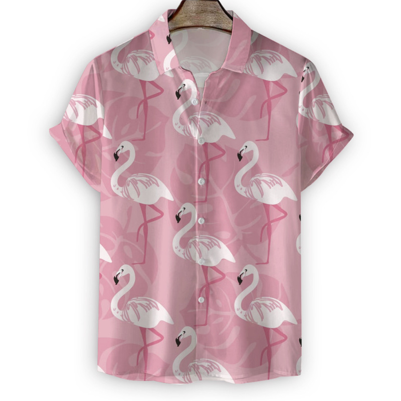 Southeast Asia, Europe and the United States Cross-Border Men's Loose Hawaiian Style Flamingo Digital Printing Casual Floral Short-Sleeved Shirt Southeast Asia, Europe and the United States Cross-Border Men's Loose Hawaiian Style Flamingo Digital Printing Casual Floral Short-Sleeved Shirt