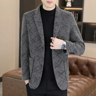 2024 Autumn and Winter New Style Velvet Thickeneded Stripesd Single Suit Jacket for Men, Trendyy Casual Versatile Short Suit for Men